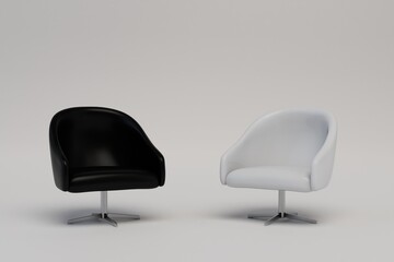 comfortable rest. comfortable chairs for work and relaxation. black and white soft armchairs with shadows on a white background. 3d render. 3d illustration