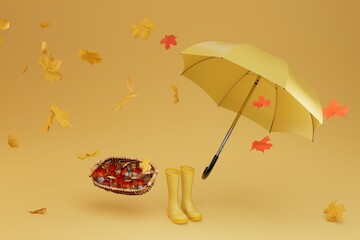 rainy autumn. mushroom basket. umbrella and yellow rubber boots around which multi-colored leaves scatter against a yellow background. 3d render. 3d illustration
