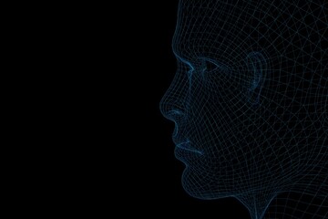 holographic image of a person's face. modern technologies. illuminated with blue neon light face profile hologram on a black background with space for text. 3d render. 3d illustration