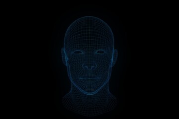 holographic image of a person's face. modern technologies. illuminated with blue neon light face hologram on a black background. 3d render. 3d illustration
