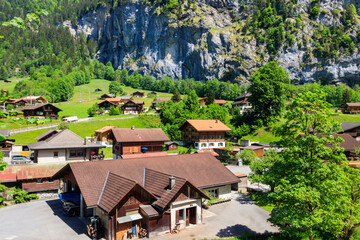 Fototapeta na wymiar View of Lauterbrunnen village in Lauterbrunnen Valley in Bernese Oberland, Switzerland. Switzerland nature and travel. Alpine scenery