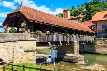 Berne Bridge (Pont de Berne) across the Sarine river in the lower town of Fribourg, Switzerland