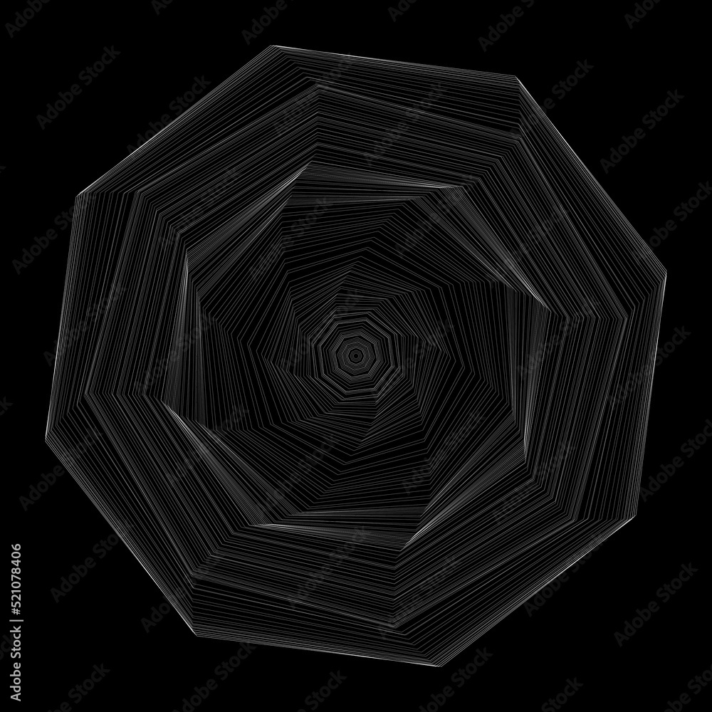 Poster Abstract fractal octagon. Vector illustration. Swirling white symbol on black background. Optical illusion. Twisted octagon. 3D wireframe abstract tunnel. Vector illustration.