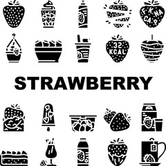 strawberry fruit fresh red berry icons set vector. food white, half cut, leaf green, sweet juicy slice, ripe dessert, organic summer strawberry fruit fresh red berry glyph pictogram Illustrations