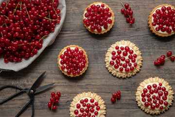 rote Johannisbeeren und Pudding in Törtchen auf Tisch aus Holz