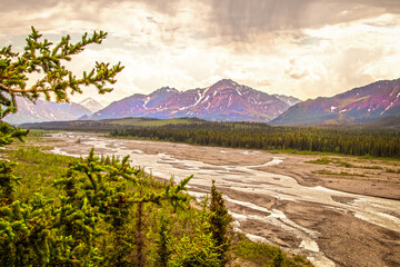 Alaskan mountians in Denali National Park viewed over braided river - runoff from a glacier framed with pine trees under smokey skies