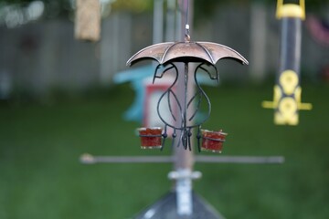 whimsical copper oriole bird feeder filled with red jam