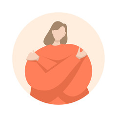 Love yourself. Love your body concept. Girl Healthcare Skincare. Take time for yourself. Vector illustration. Woman hugging herself. Pastel cute soft colors. Isolated on background