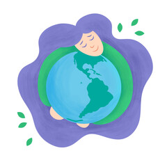Vector illustration on the theme of ecology. Girl hugs the planet. Care of the earth.