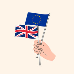 Cartoon Hand Holding European Union And Great Britain Flags. EU And United Kingdom Relationships. Flat Design Isolated Vector. 