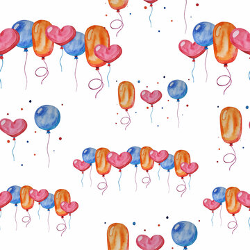 Watercolor pink, blue and orange balloons flying on white background. Seamless pattern.