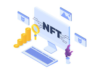  NFT theme isometric concept. Cryptographic art. Non-fungible token. Vector illustration. 