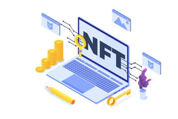  NFT theme isometric concept. Cryptographic art. Non-fungible token. Vector illustration. 