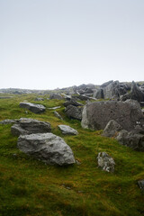 Fototapeta na wymiar View over rocks and grass on a grey rainy day on hillside in wales, UK