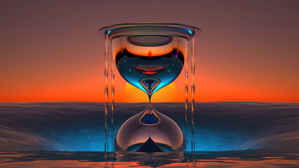 concept hourglass sinks into the sea at sunset