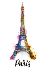 Travel to Paris poster greeting card print. Vector sketch illustration of Eiffel Tower on colorful watercolor backgorund