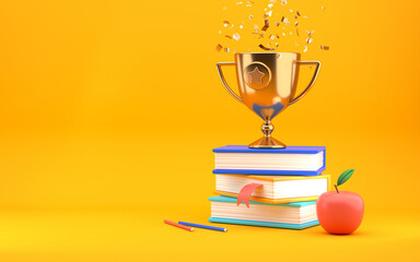 Books stack apple golden trophy award with falling confetti on yellow background. Competition winner prize. 3d rendering.