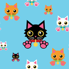 Vector illustration. Pattern with black white and red cats in collars on a yellow background.