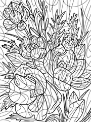 Bouquet of decorative flowers with background. Freehand sketch for adult antistress coloring page with doodle and zentangle elements.