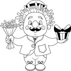 Coloring. Outline drawing. Cartoon Character. The hero stands with a funny expression on his face. A man holds a gift and flowers in his hands.