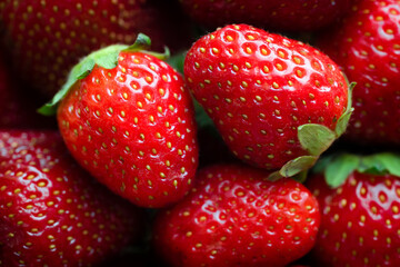 Ripe harvest of organic strawberries close-up. View from above