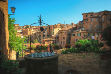 View of a patio and the roofs of town of Siena, Toscana, Italy