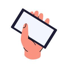 Hand holding mobile phone. Smartphone with a blank white screen. Blank touch screen mobile. Vector illustration