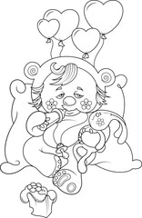 Outline drawing. A baby in a bear costume sits on a pillow. Character with a toy and a bottle.