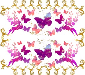 Watercolour butterflies pattern. Purple, violet background, Gold frame. Wallpaper, Christmas, wedding, birthday, Valentines day template.