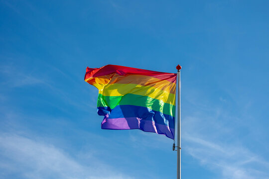 Celebration of pride month, Colourful rainbow flag hanging waving in the air with blue sky as background, Symbol of Gay, Lesbian, Bisexual and Transgender, LGBTQ community, Worldwide social movements.