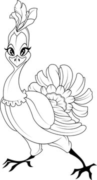 Outline drawing. Cartoon Character. A bird with a bushy tail. Coloring.