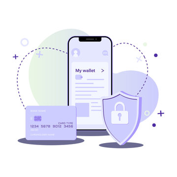 Credit Card, Shield With Lock And Smartphone On Abstract Gradient Background. Flat Vector Illustration Secure Credit Card Transaction And Online Wallet App. Safe And Payment Protection Concepts.