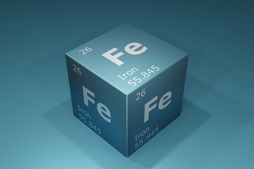 Iron, 3D background of symbols of the elements of the periodic table, atomic number, atomic weight, name and symbol. Education, science and technology