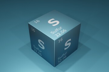 Sulfur, 3D background of symbols of the elements of the periodic table, atomic number, atomic weight, name and symbol. Education, science and technology