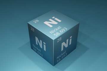 Nickel, 3D background of symbols of the elements of the periodic table, atomic number, atomic weight, name and symbol. Education, science and technology