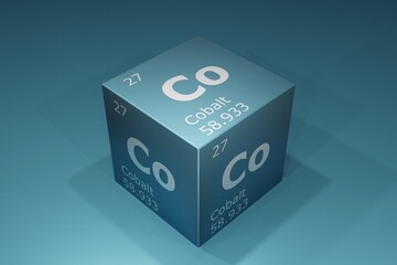 Cobalt, 3D background of symbols of the elements of the periodic table, atomic number, atomic weight, name and symbol. Education, science and technology