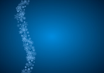 New Year snowflakes on blue background with sparkles. Horizontal Christmas and New Year snowflakes  falling. For season sales, special offer, banners, cards, party invites, flyer. White frosty snow