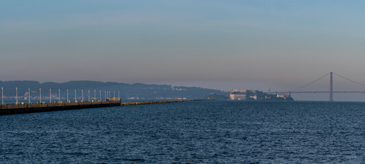 Fototapeta na wymiar Berkeley Ca. pier with Alcatraz and golden gate in background