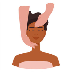 Cute multi ethnic girl is having beauty treatment facial massage at beauty spa centres. Top view on portrait and hands of a masseuse. Skin care vector illustration isolated on white background