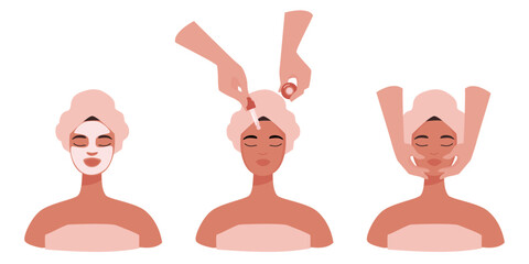 Top view on a cute girl having beauty procedures at a beauty spa salon and hands of a professional cosmetologist. Skincare routine for healthy glowing skin. Vector illustration isolated on white.