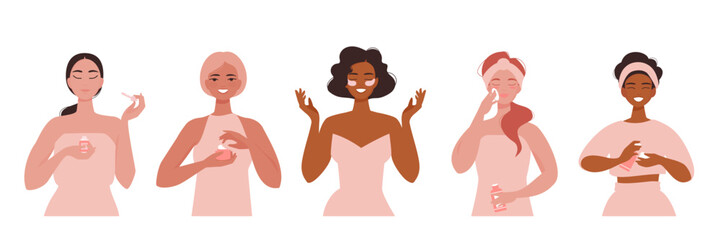 Set of five happy cute girls applying cosmetic products beauty skin care routine. Smiling women holding beauty products. Vector illustration isolated on white background. 
