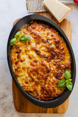 Musaka- top view recording from. Traditional Greek dish of baked layers, eggplant, meat, bechamel sauce