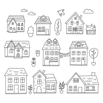 Vector set of doodle houses. Cartoon style illustration. Small town with trees, flowers and bird. Black and white line art.