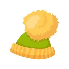 Knitted cap of green color with a large pompon. winter clothes Vector illustration isolated on white background.
