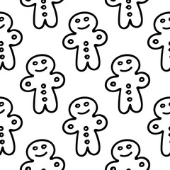Gingerbread seamless pattern. Cute smiling Christmas cookie festive texture. Cozy winter baking line vector background