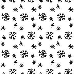 Cute minimalist hand drawn snowflake Christmas pattern. Seamless black snow texture. Fun winter line white background