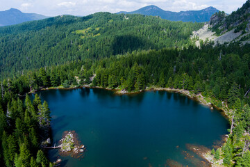 Fototapeta na wymiar Montenegro. Prokletiye National Park. Mountain lake. Popular tourist spot. Drone. Aerial view