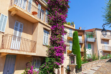Street view of Cannes, France. Colorful residential houses