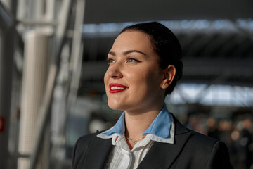 Happy pretty stewardess looking into the distance outdoor