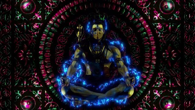 Shiva Ancient Mythology 3D yoga Lightning Animation 4k Hindu culture Abstract Texture Sacred Trippy Bass Shake Colorful Vj Loop